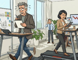 Cartoon-style image of stressed business owners walking on treadmills while working, symbolizing busyness without progress. A man writes in a notepad, a woman taps a tablet with an error message, and a worried colleague watches from behind.