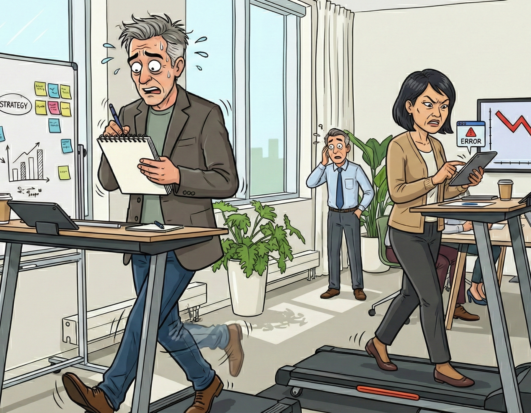 Cartoon-style image of stressed business owners walking on treadmills while working, symbolizing busyness without progress. A man writes in a notepad, a woman taps a tablet with an error message, and a worried colleague watches from behind.