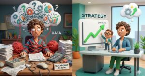 Cartoon of a business owner using a CAAS strategy compass to navigate financial growth with confidence.