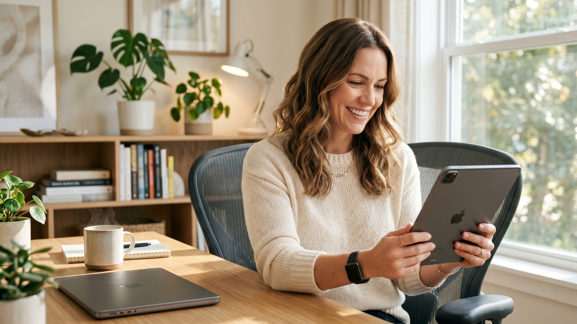 woman holding an ipad in her office
