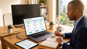a man looking at a screen comparing retainer options